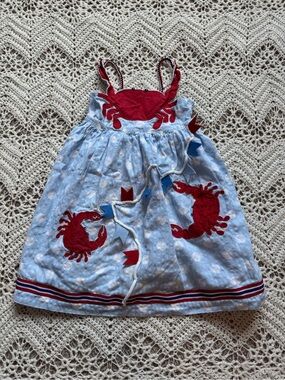 Cotton Kids Red Crab Blue Polka Dot Sundress 3D Details Adorable Beach Dress
